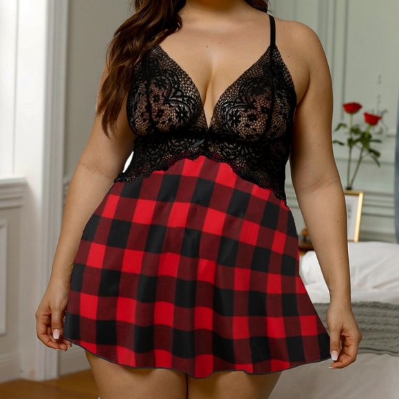 Unbranded Other - Black and Red Buffalo Plaid Lace Bra Splicing Floral Babydoll Lingerie